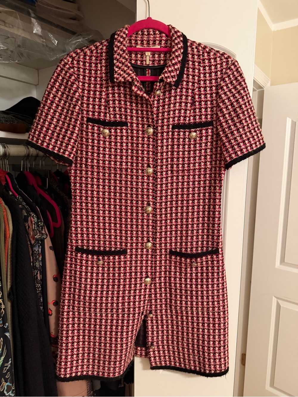 Maje Pink and Black Houndstooth Short-Sleeve Romper